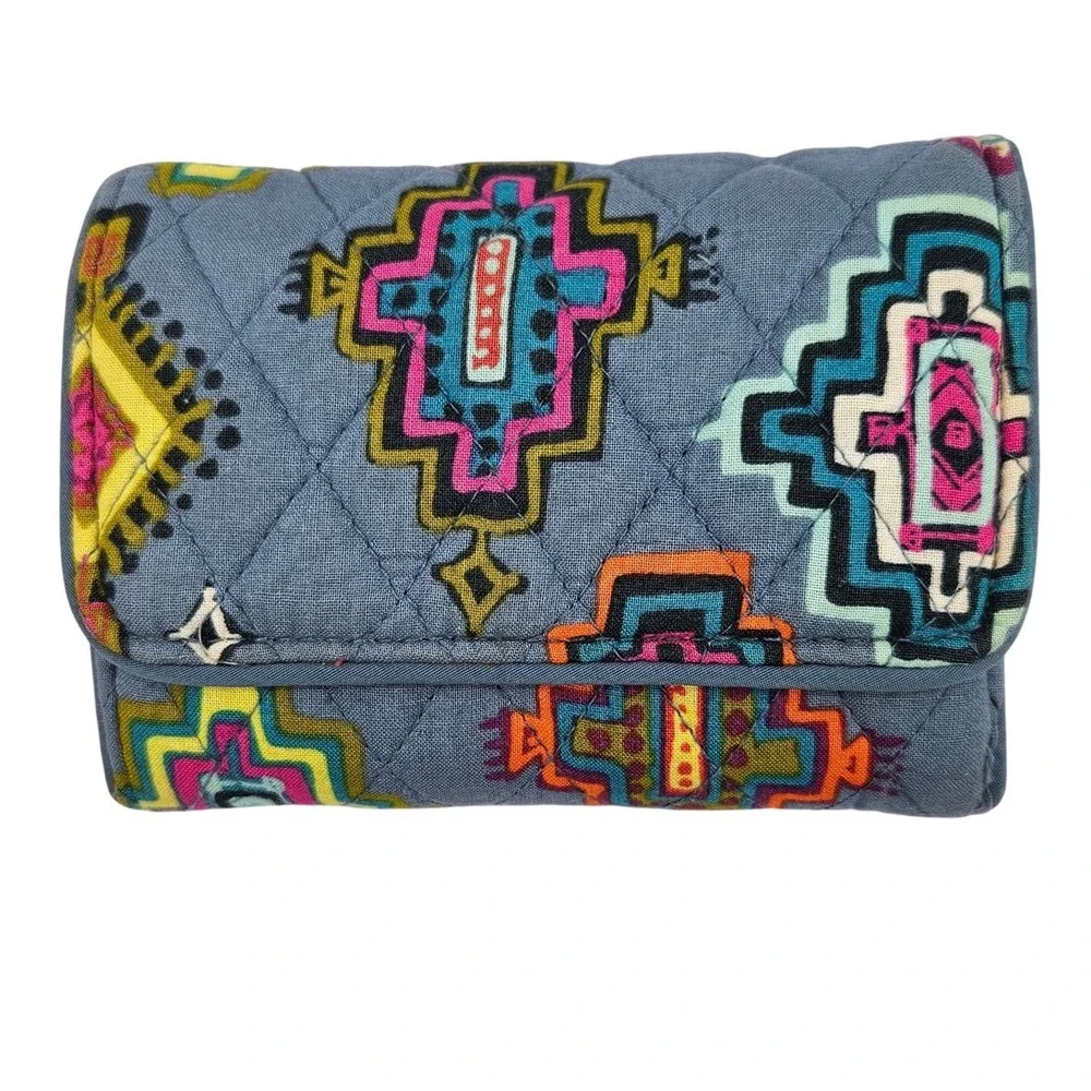 Vera Bradley Rio Squiggles Quilted‎ Cotton Trifold Wallet Blue Multi Geometric